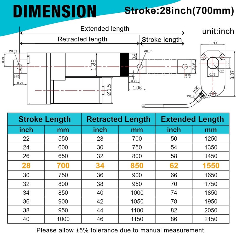 JQDML Store محرك خطي بسرعة عالية 28 بوصة 1.34"/ثانية 12 فولت 88 رطل/400 نيوتن مقاوم للماء IP65 مع حوامل تثبيت - Image 2